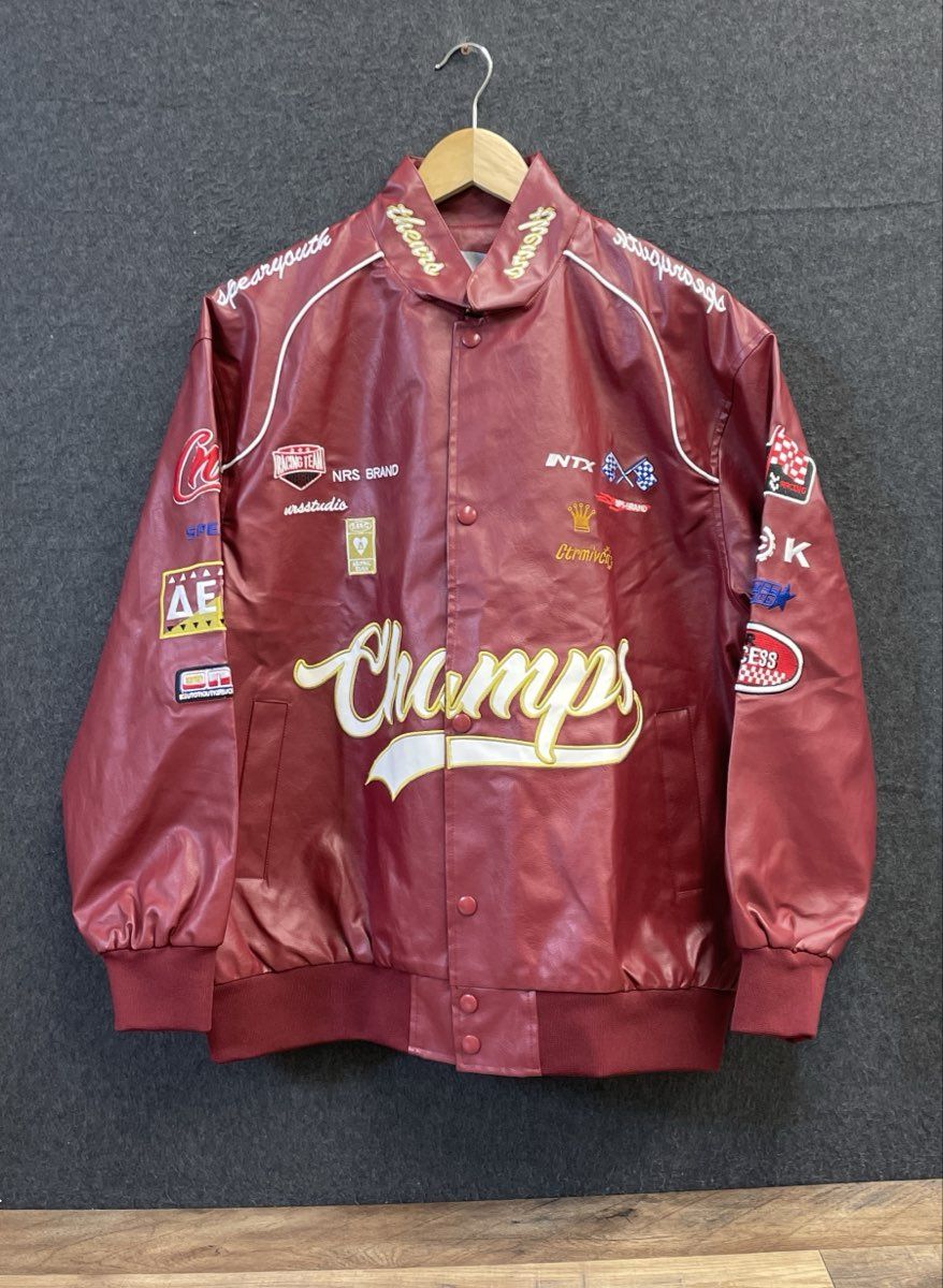 Elfric Eden Men's Faux Leather Varsity Racing Jacket Burgundy Patch NWT Sz XS