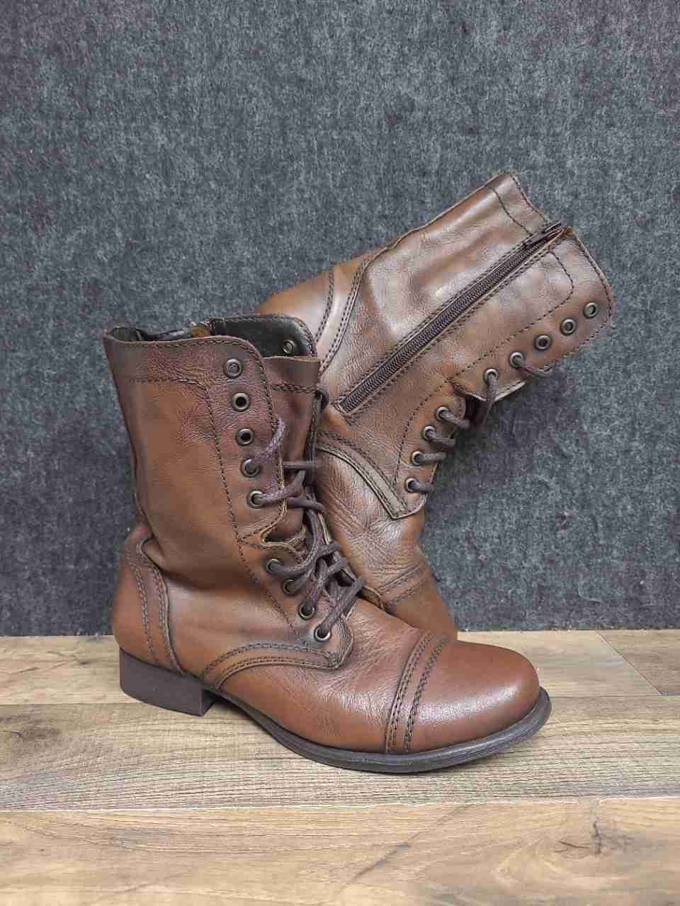 Steve Madden Troopa Brown Leather Lace Up Side Zip Combat Boots Size 9