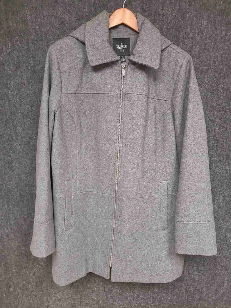 Tower by London Fog Women's Gray Wool Blend Hooded Full Zip Car Coat Size XL