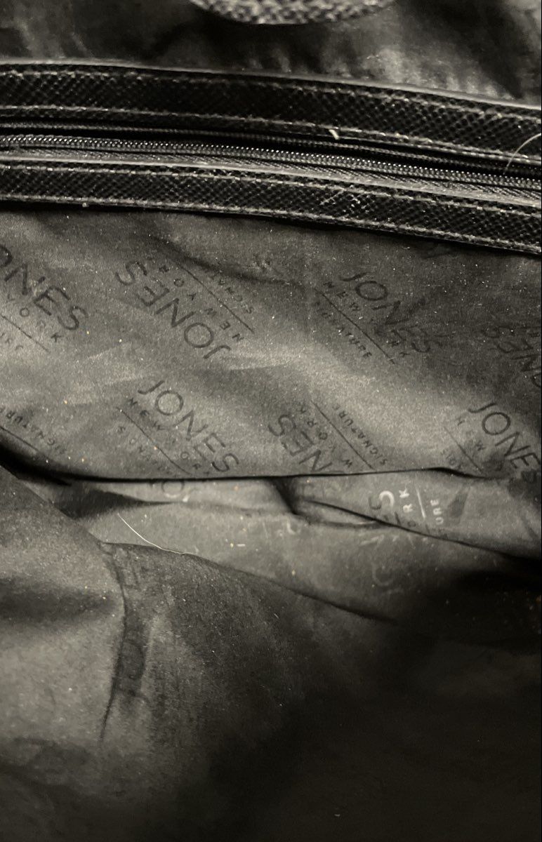 Jones New York Black Faux Saffiano Leather Satchel Tote Handbag Silver Hardware