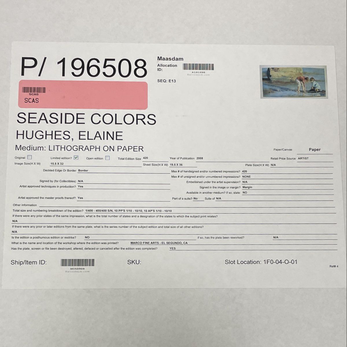 Elaine Hughes "Seaside Colors" Lithograph Print Children on Beach Signed 297/400