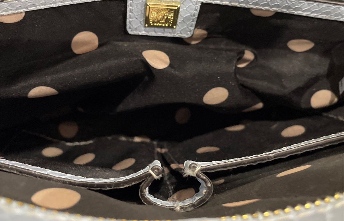 Anne Klein Light Blue Snakeskin Embossed Leather Tote Bag Gold Tone Hardware