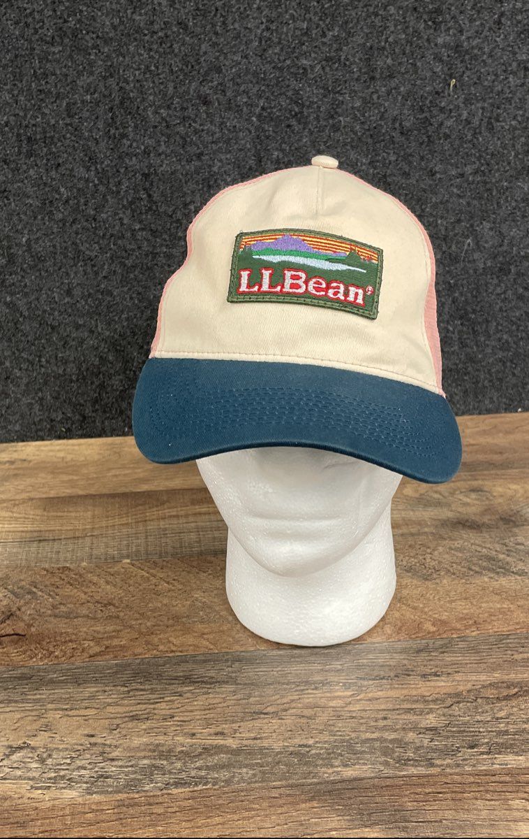 L.L. Bean Unisex Trucker Hat Cream Blue Pink Mesh Back Snapback Mountain Logo