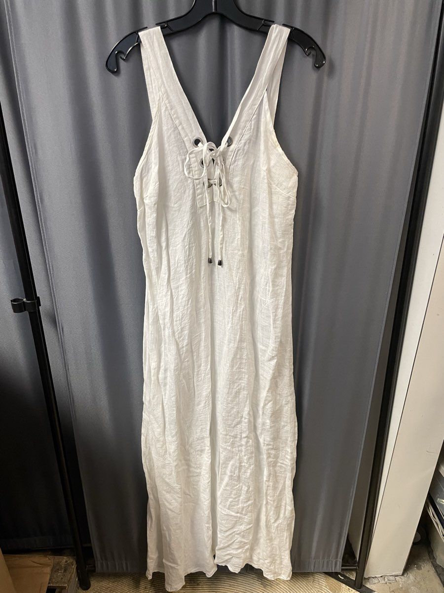 Laura Gotti Women's White 100% Linen Lace-Up Maxi Dress Made in Italy Sz M