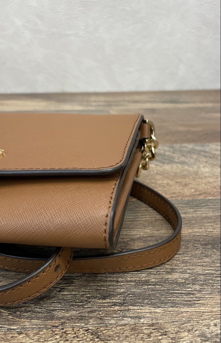Michael Kors Brown Saffiano Leather Crossbody Bag Gold Hardware Wallet on Chain