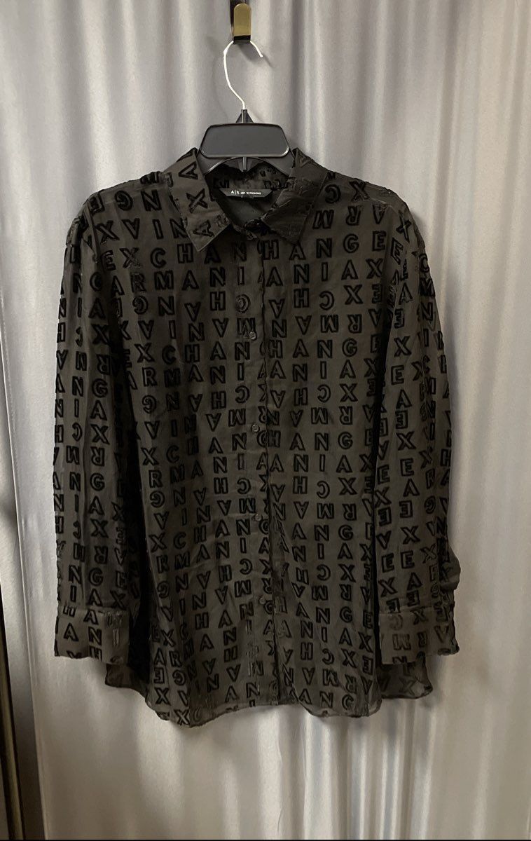 Armani Exchange Women's Black Sheer Logo Flocked Devore Button Up Shirt Sz L