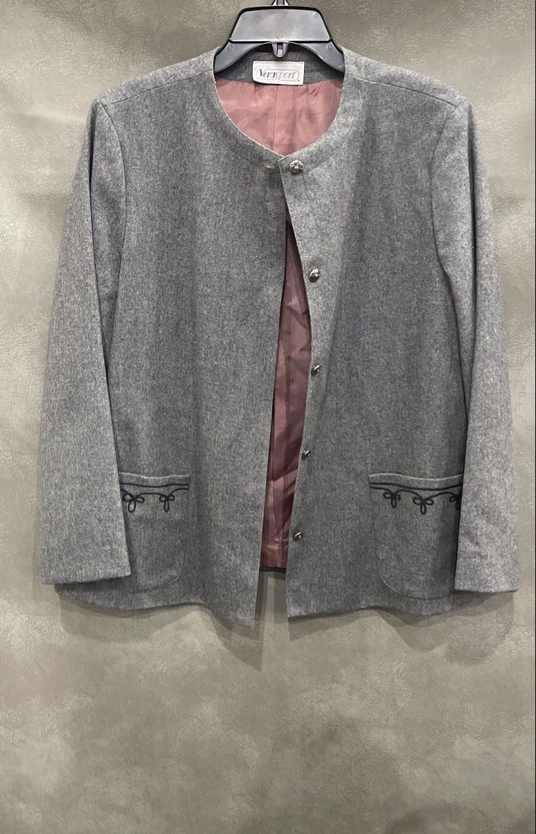 Vintage 90s Verasport Women's Grey Collarless Blazer Embroidered Jacket