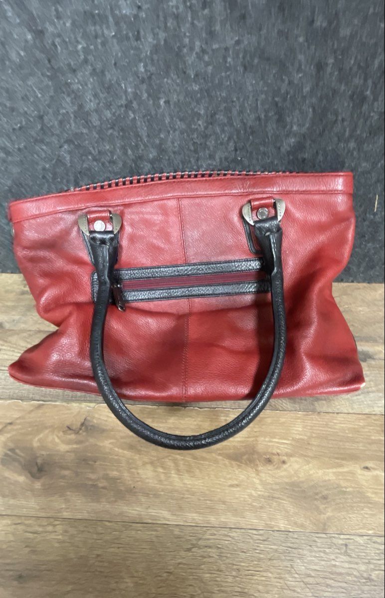 Bessel Red and Black Leather Shoulder Bag Tote Woven Trim Silver Hardware