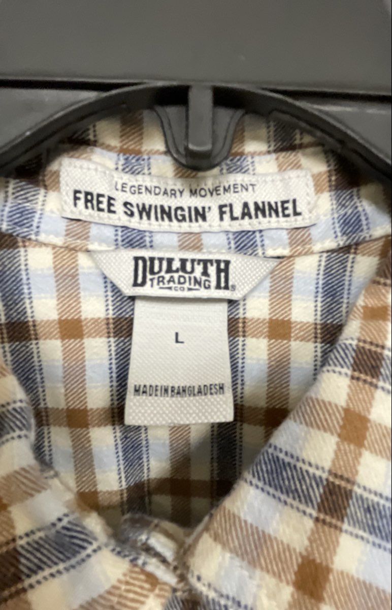 Duluth Trading Co Women's Free Swingin' Flannel Shirt Brown Blue Plaid Sz L
