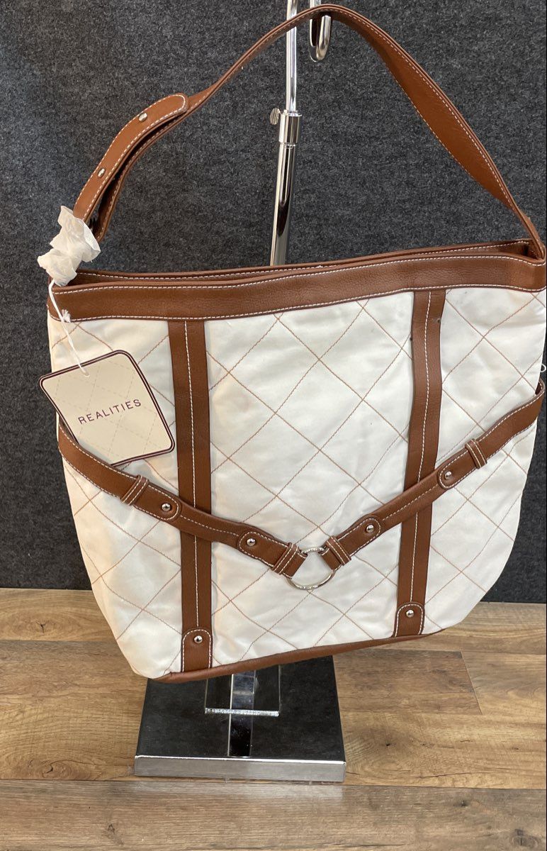 Realities White Quilted Shoulder Bag Tan Trim Tote Purse NWT