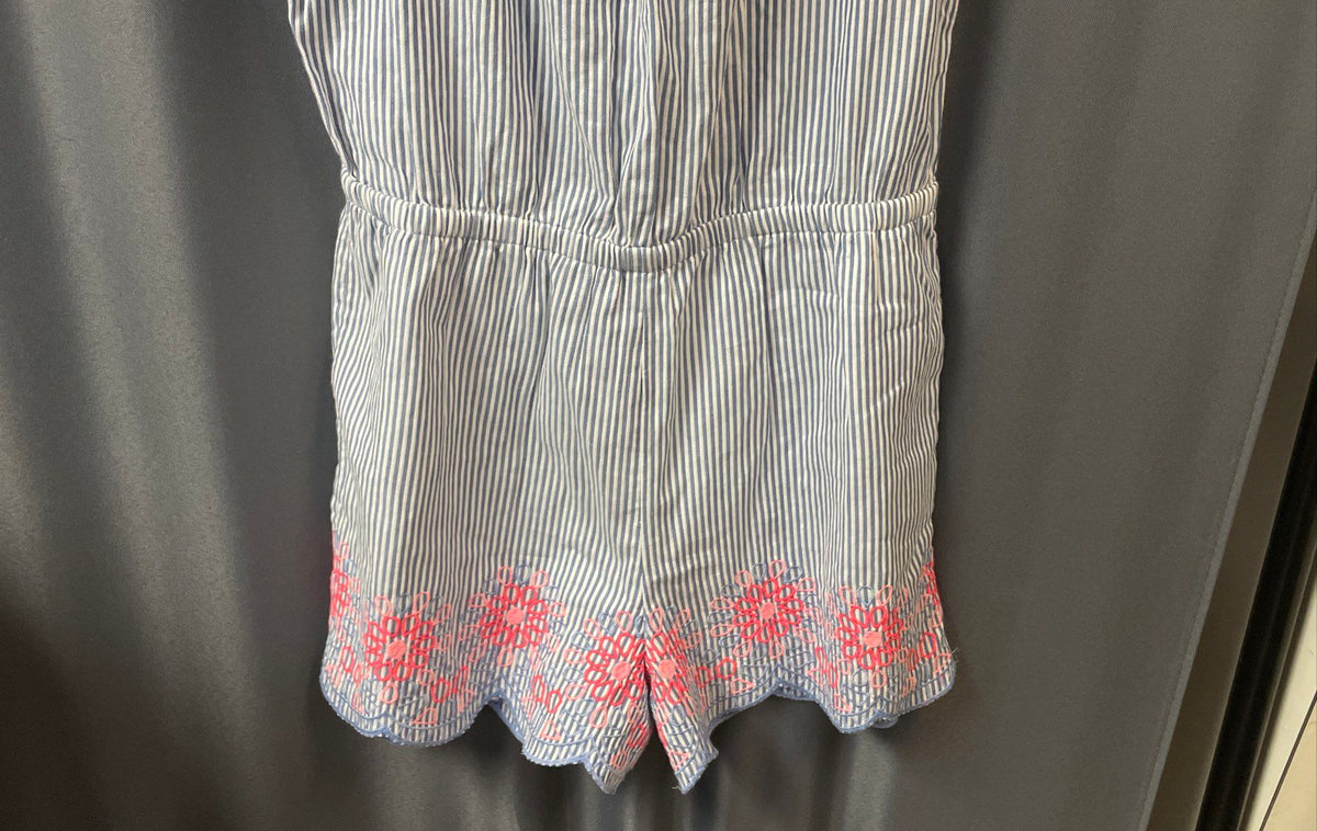 Vineyard Vines Women's Seersucker Romper NWT Blue White Embroidered Sz L