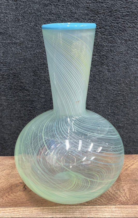 Art Glass Vase Spiral Swirl Pattern Light Blue Rim Bulbous Body 9" Vintage