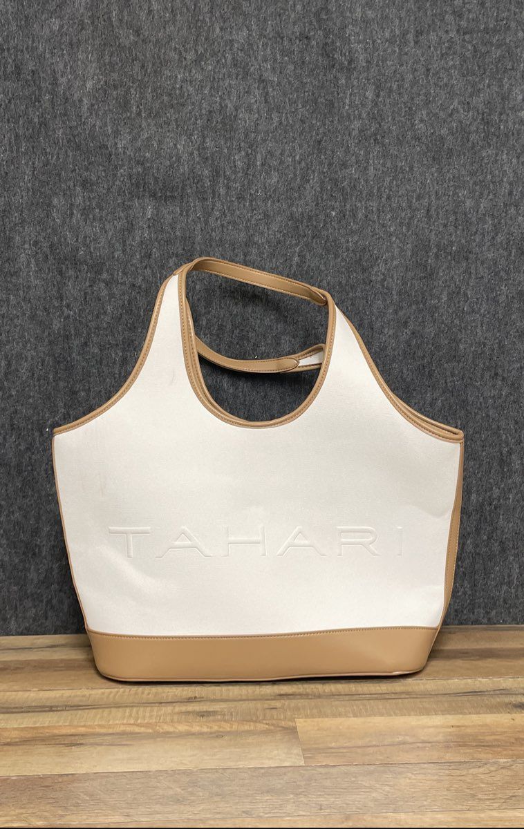 Tahari White Canvas and Tan Leather Trim Travel Tote Handbag Large Embossed Logo