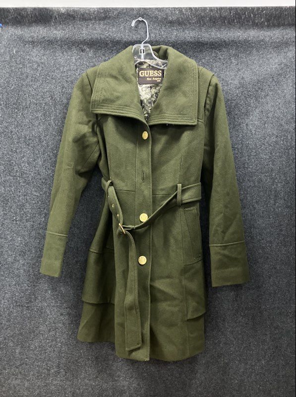 Guess Women's Olive Green Belted Wool Blend Coat Gold Tone Buttons Sz M