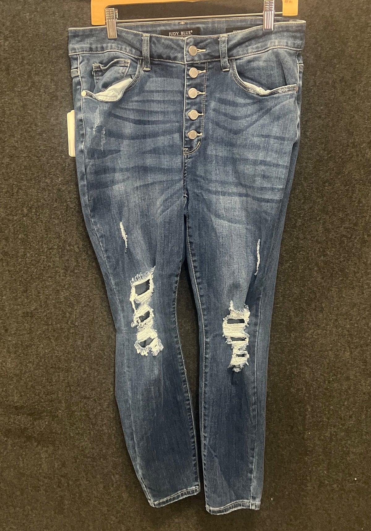 Judy Blue Women's High Rise Button Fly Distressed Skinny Blue Jeans Size 14W