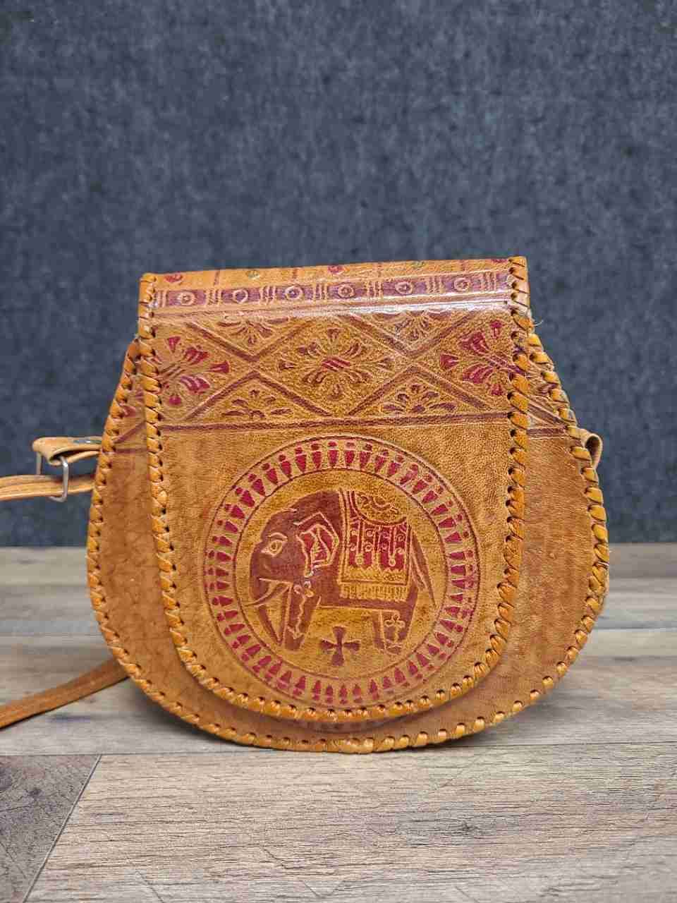 Vintage Tan Tooled Leather Elephant Crossbody Bag Boho Hippie Shoulder Bag