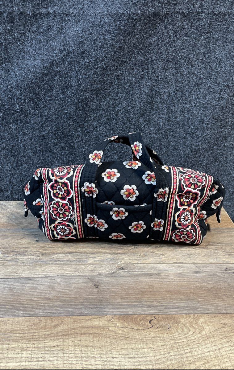Vera Bradley Black Floral Quilted Cotton Satchel Handbag Red Plaid Lining