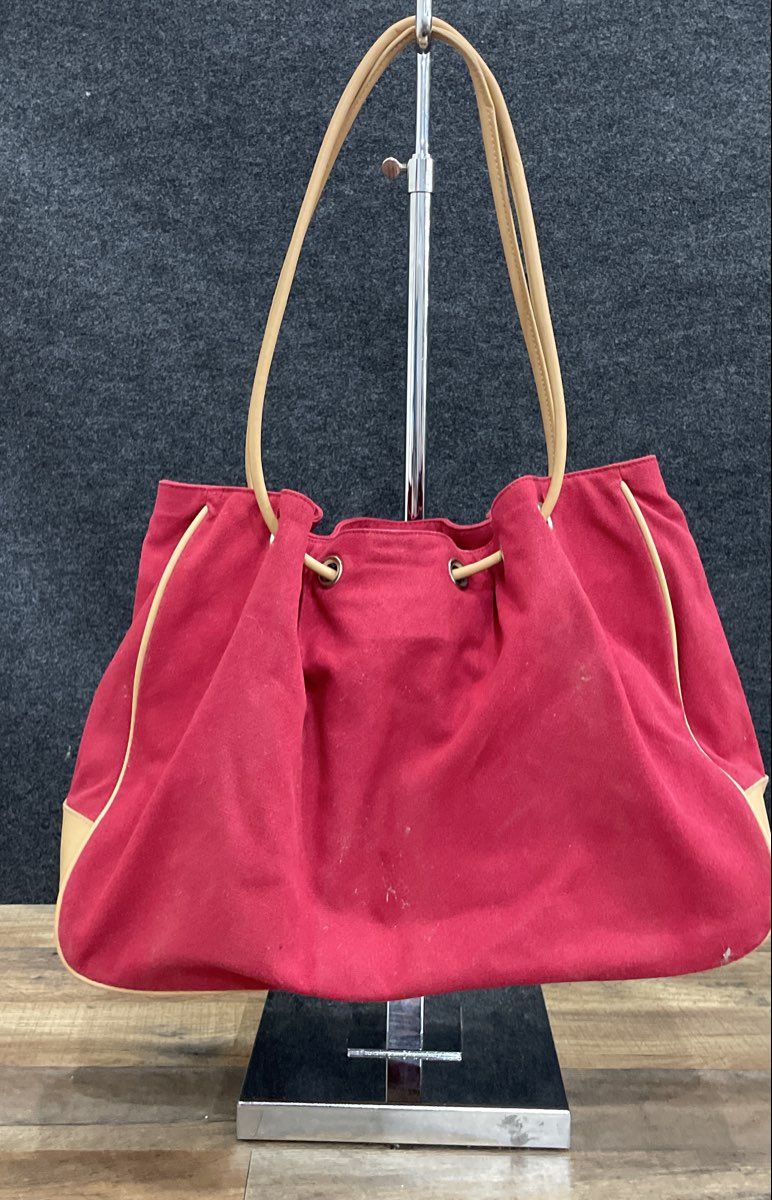 Etienne Aigner Red Canvas Tote Shoulder Bag Tan Leather Trim Vintage