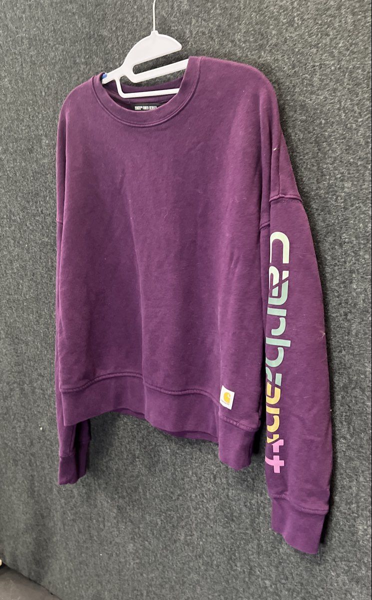 Carhartt Women's Purple Crewneck Sweatshirt Gradient Logo Sleeve Loose Fit Sz S