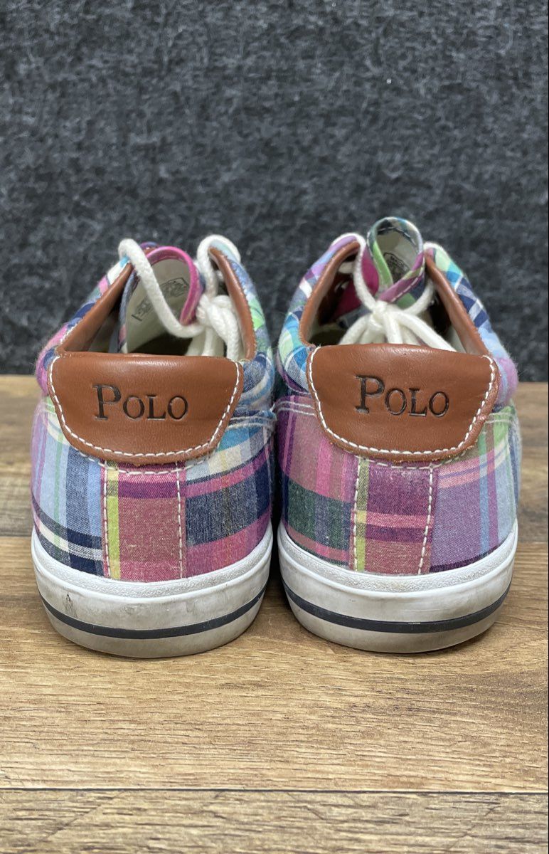 Polo Ralph Lauren Vaughn Pink Multi Plaid Canvas Sneakers Size 5.5 Junior