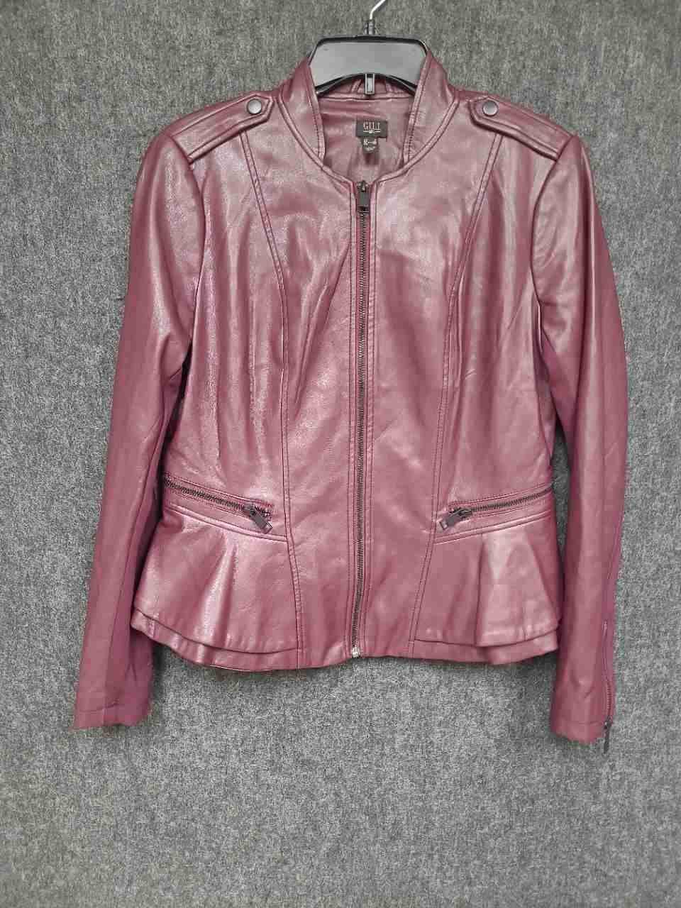 G.I.L.I. Women's Burgundy Faux Leather Peplum Moto Jacket Zip Front Size 8