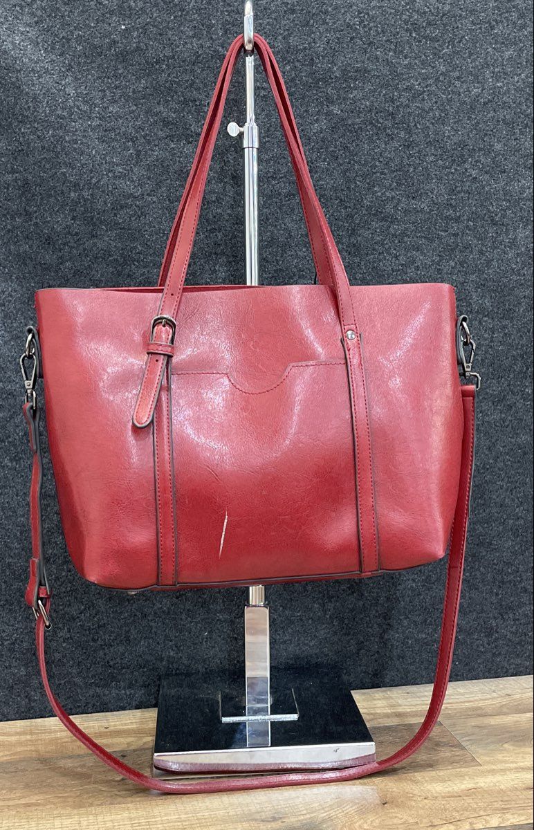 Red Leather Tote Bag Large Double Handle Removable Crossbody Strap