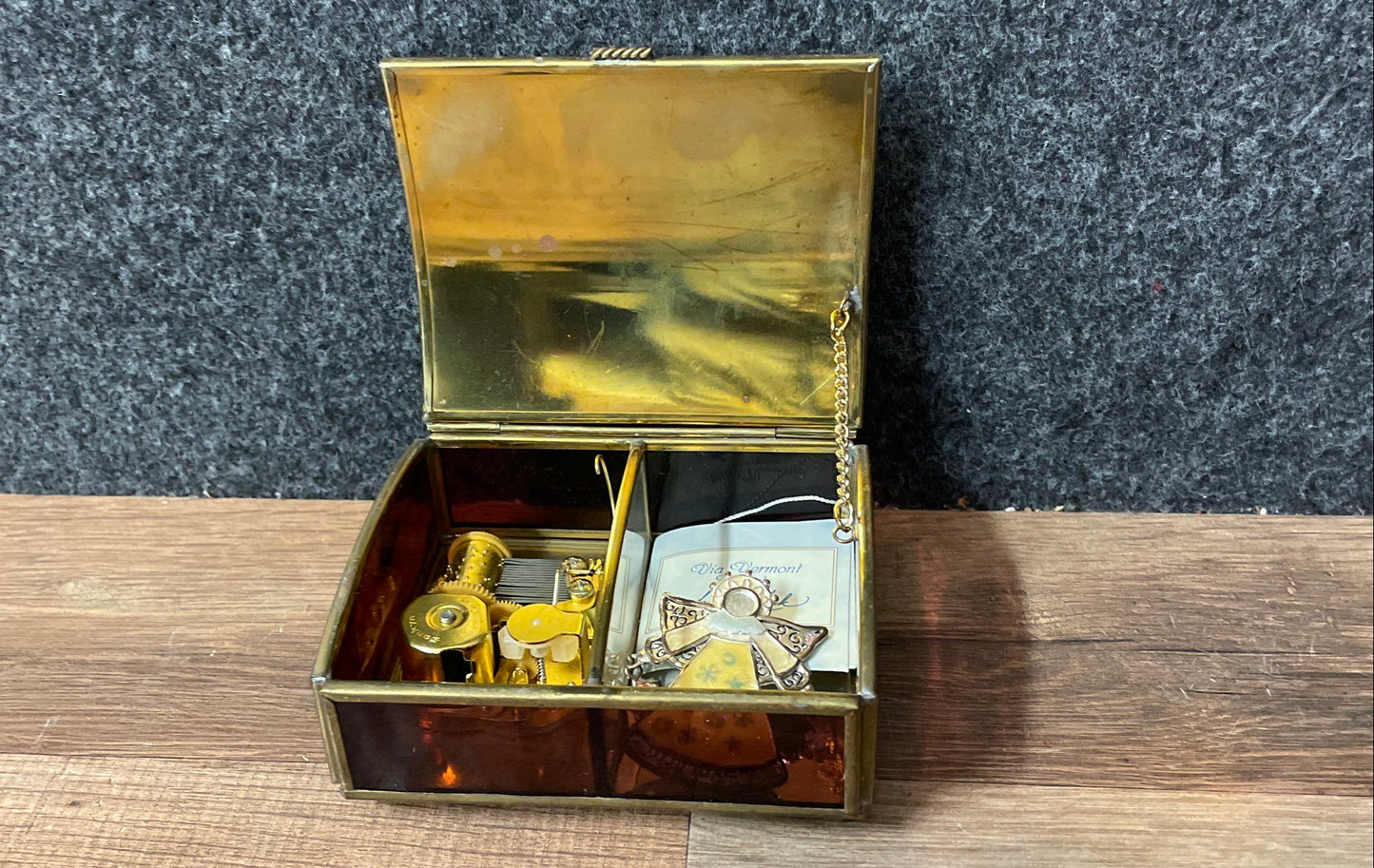 Vintage Enesco Music Box Sandra Kuck Angel Art Brass & Tortoise Shell Finish