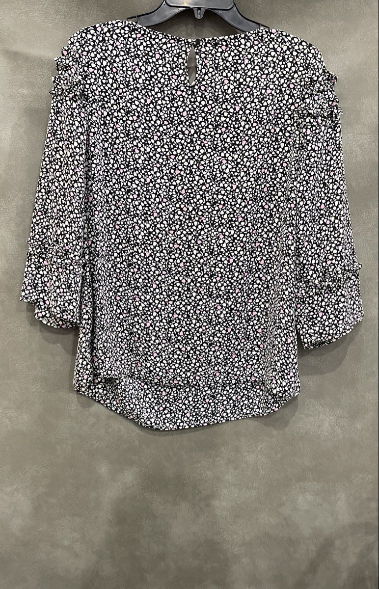 Talbots Petites Women's Black White Pink Floral Ruffle 3/4 Sleeve Blouse Sz LP