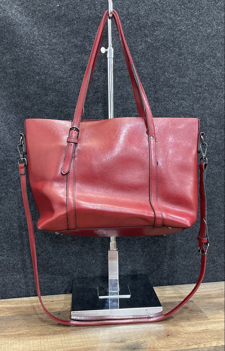 Red Leather Tote Bag Large Double Handle Removable Crossbody Strap