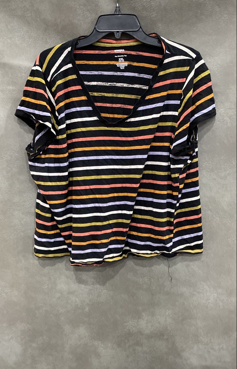 Sonoma Women's The Everyday Tee Black Multicolor Striped V-Neck Shirt XXL