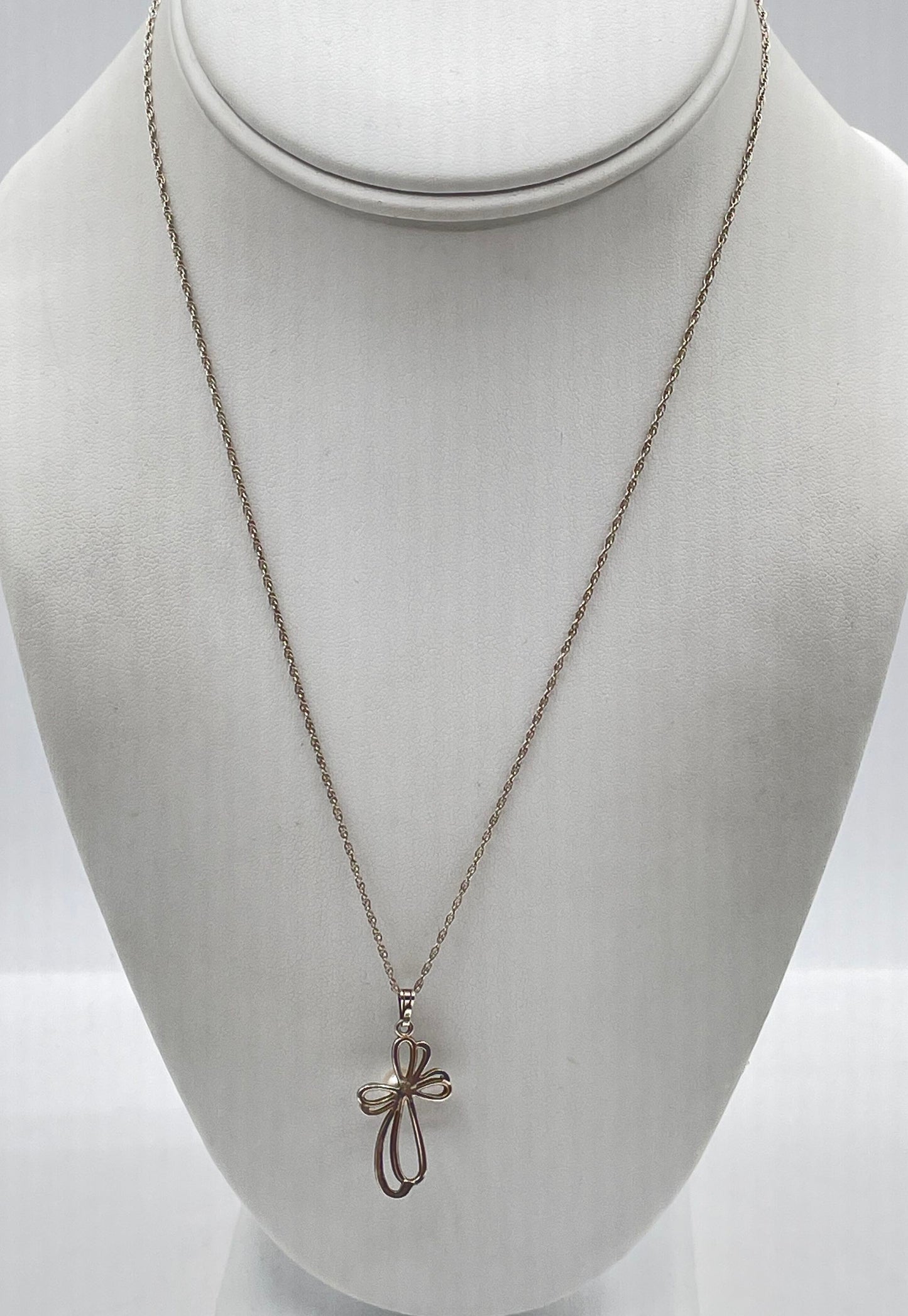 925 Sterling Silver Ribbon Loop Cross W/ Faux Pearl Pendant Necklace 2.5g