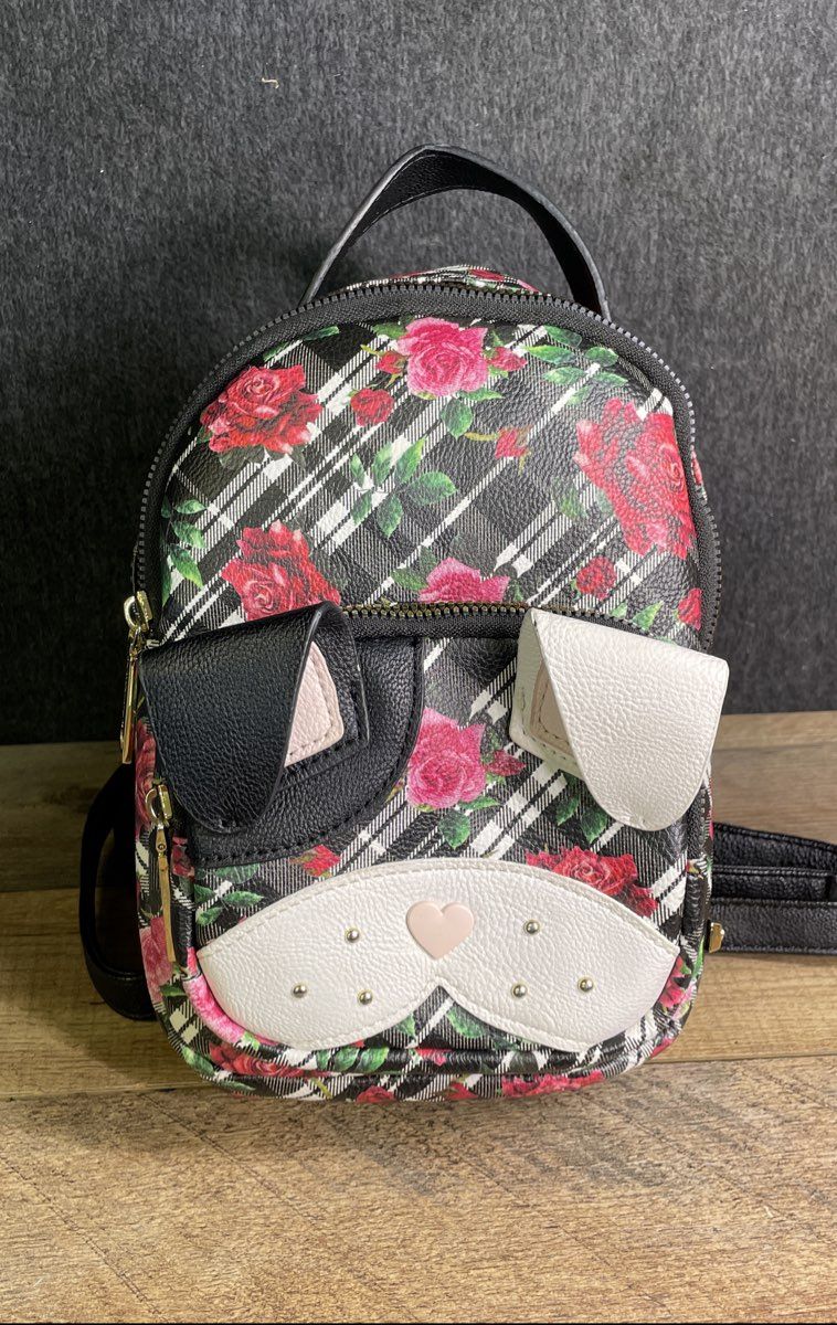Betsey Johnson Kitsch Mini Backpack Plaid Floral Rose Dog Face Frenchie