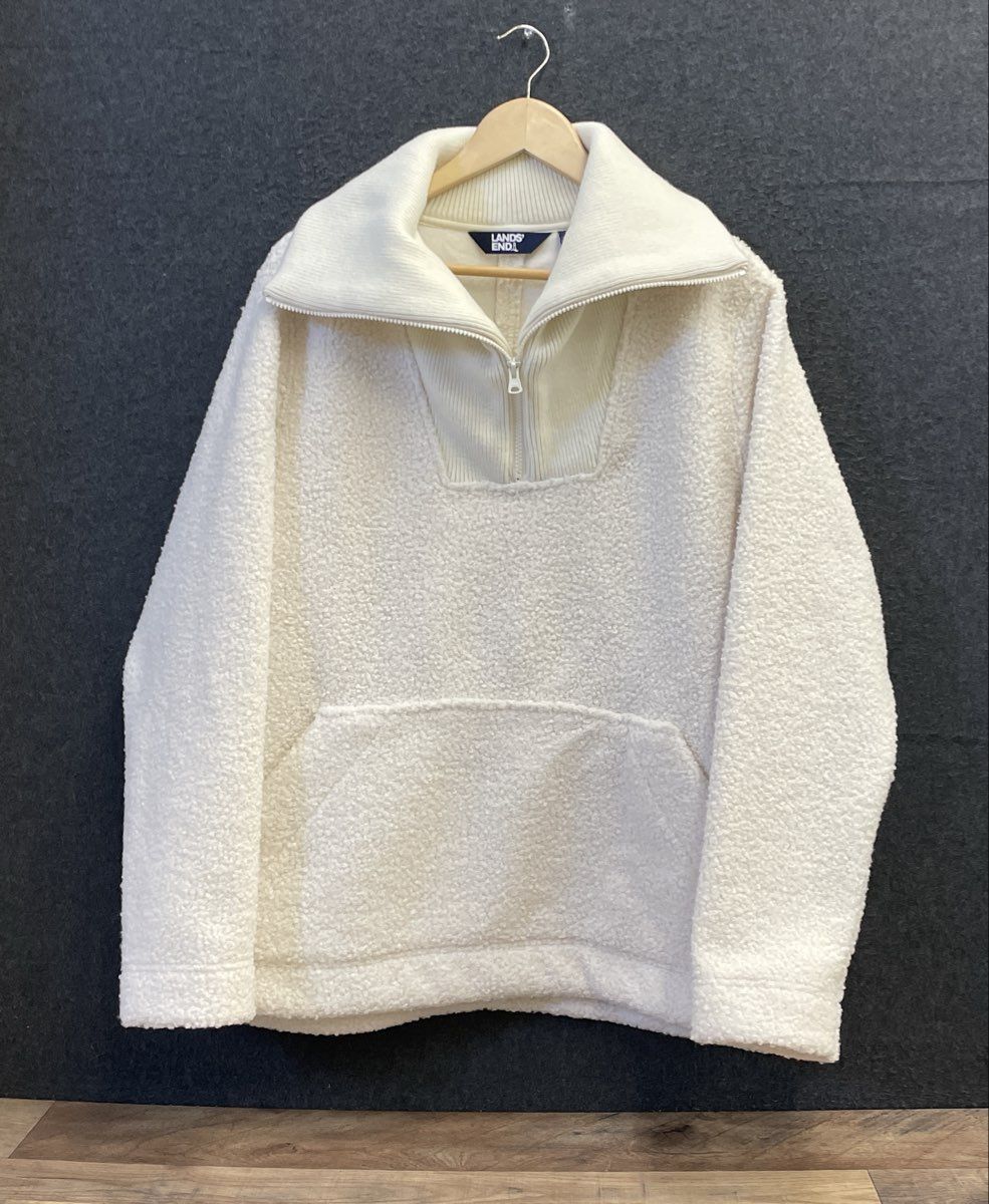 Land's End Women's Cream Fuzzy Sherpa Fleece Quarter Zip Pullover Sz L
