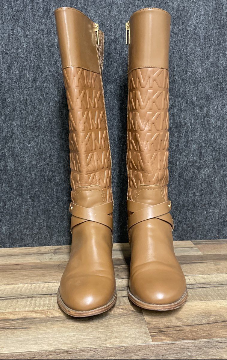 Michael Kors Kincaid Tan Leather Monogram Riding Boots Size 8