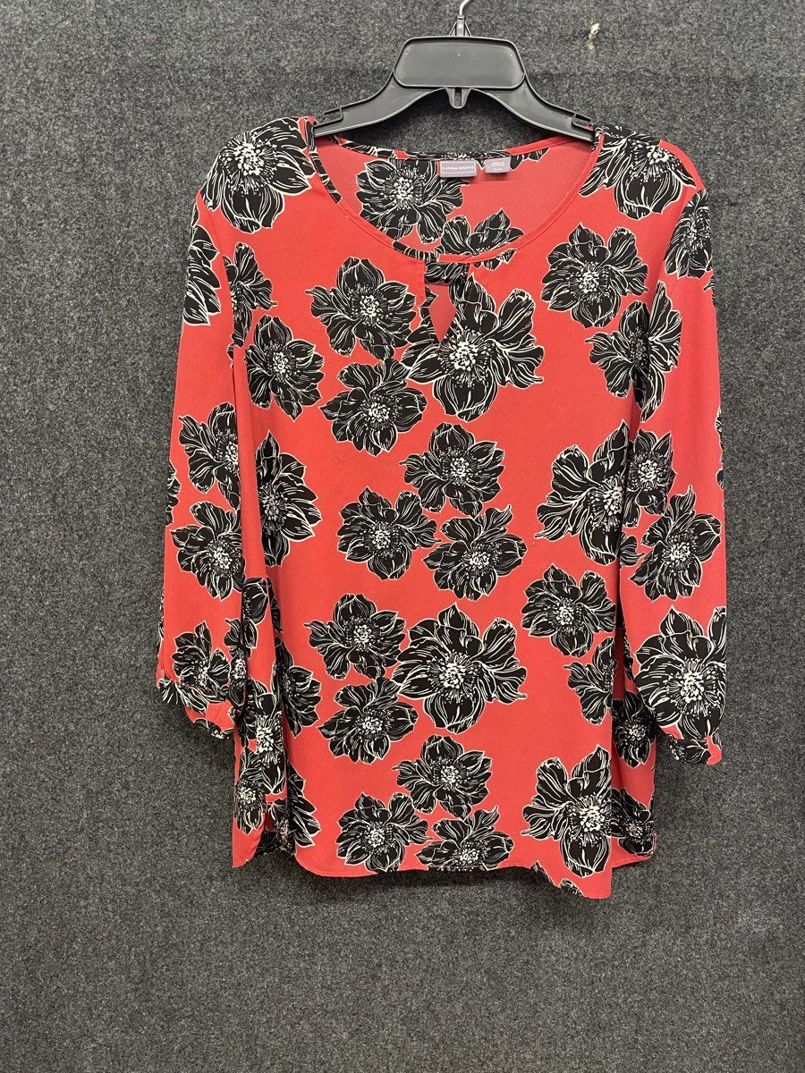 Laura Scott Women's Red Black Floral 3/4 Sleeve Keyhole Blouse Sz XL