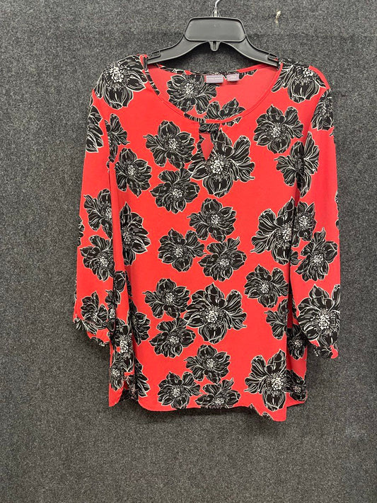 Laura Scott Women's Red Black Floral 3/4 Sleeve Keyhole Blouse Sz XL