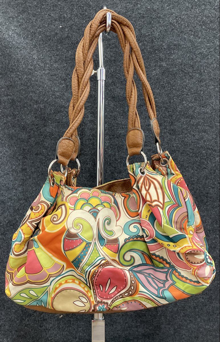 Treviso Multicolor Paisley Design Brown Leather Braided Strap Shoulder Bag Purse
