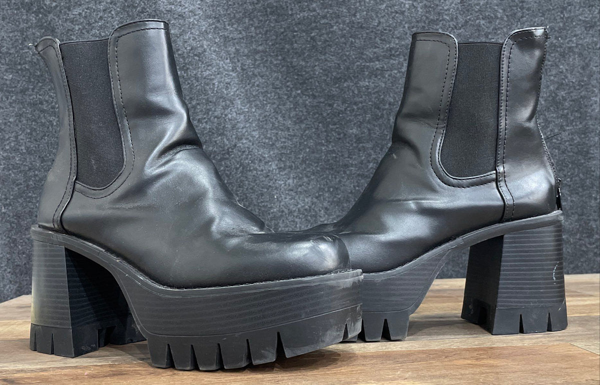 Black Faux Leather Platform Block Heel Lug Sole Ankle Boots Women's Size 6.5