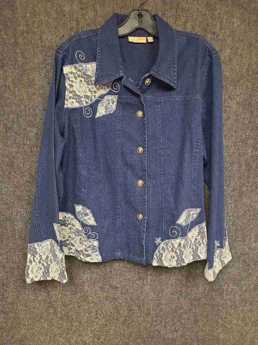 Choices Women's Blue Denim Jacket Lace Applique Floral Embroidery Sz XL