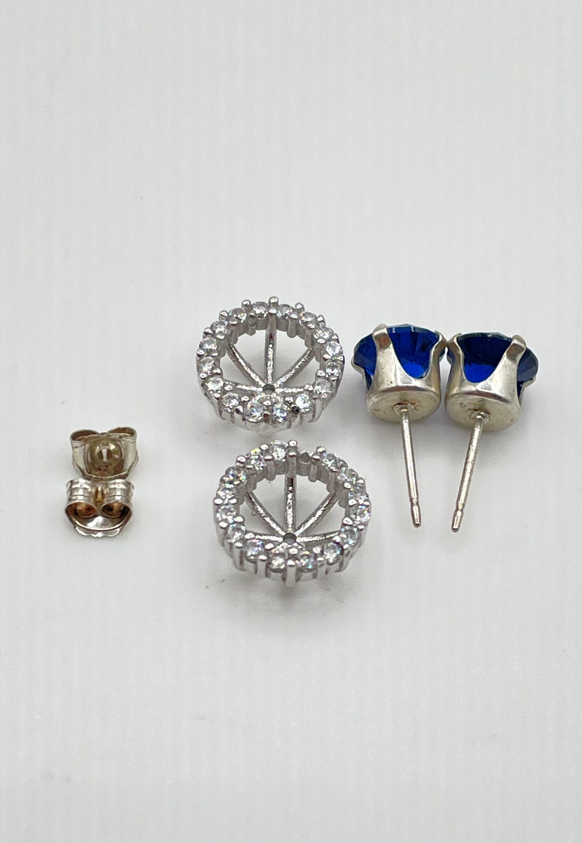 925 Sterling Blue Sapphire Stud Earrings & CZ Earring Jackets (Missing Stone) 2g