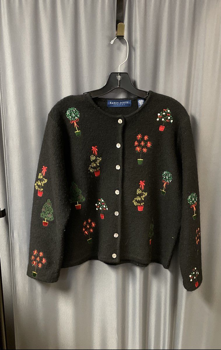 Karen Scott Petites Women's Black Wool Holiday Embroidered Cardigan Sz PL