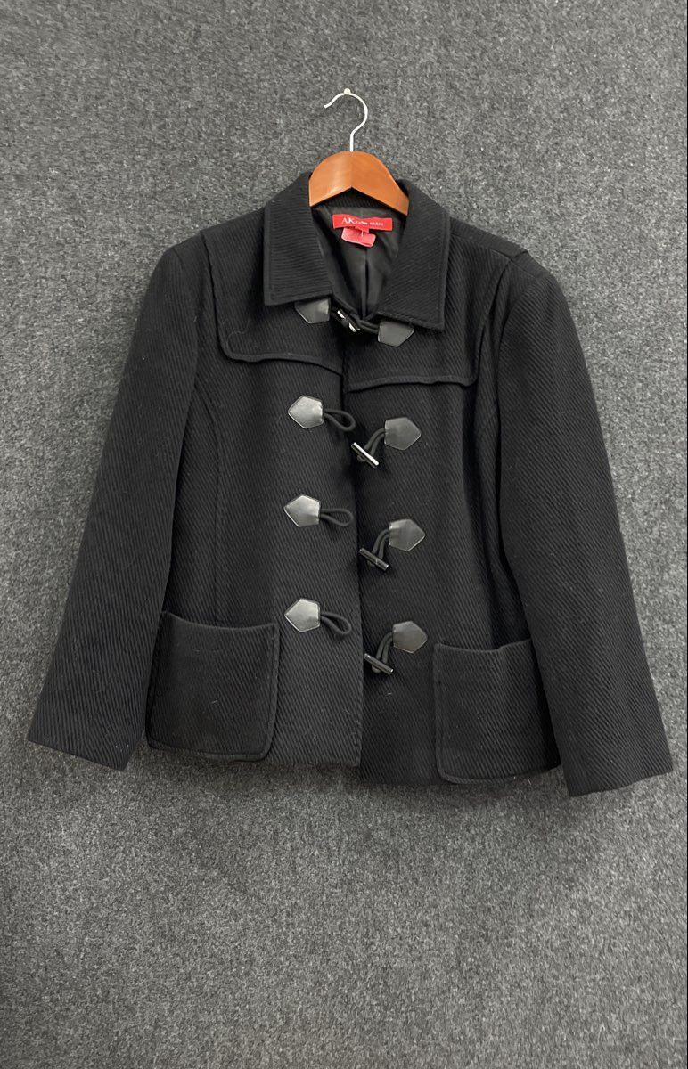 AK Anne Klein Women's Black Toggle Blazer Jacket Textured Wool Blend Size Large