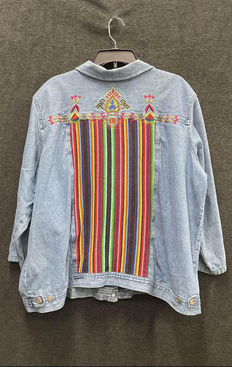 Bedford Fair Women's Vintage Y2K Blue Embroidered Denim Jacket Boho Striped 2X