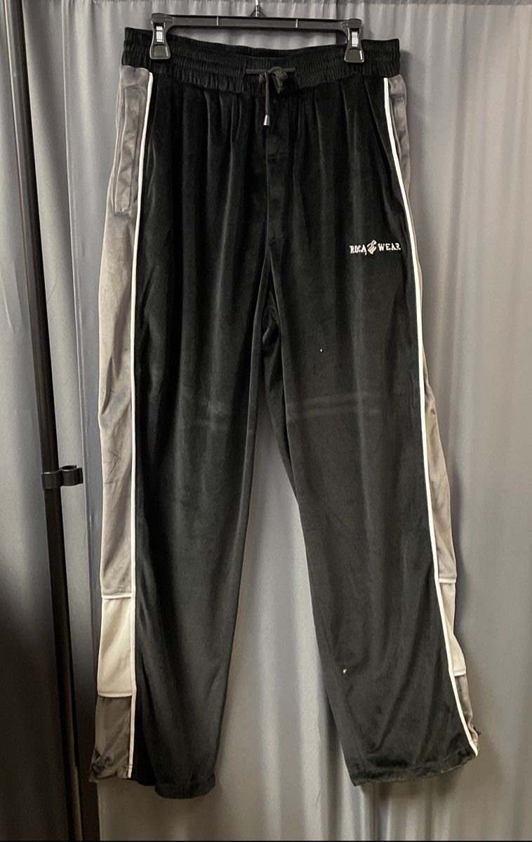 Vintage Y2K Rocawear Men's Black Velour Track Pants Grey Side Stripe Sz L 34x34
