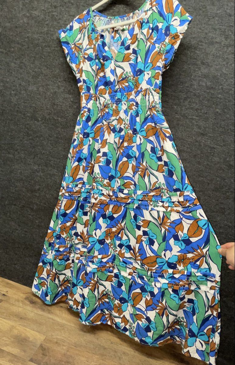 C&C California Women's Blue Tropical Floral Linen Blend Smocked Maxi Dress Sz S