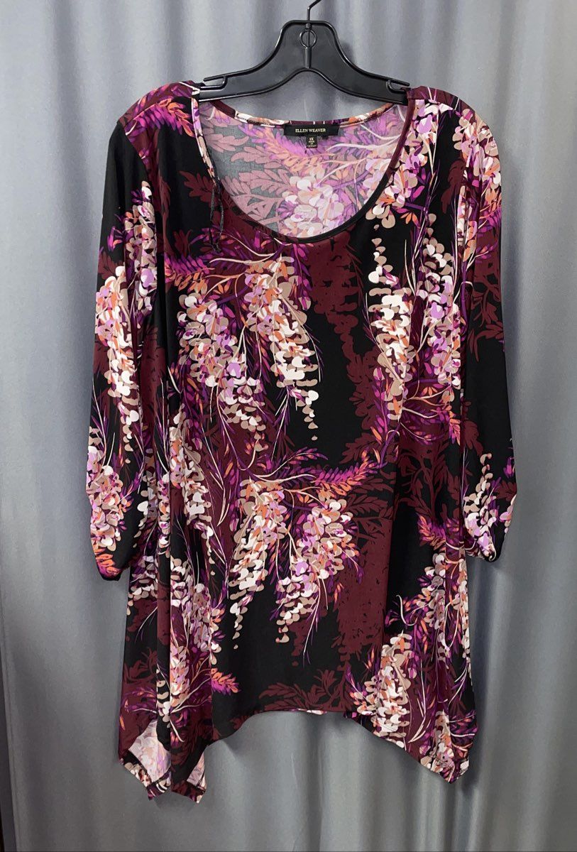 Ellen Weaver Women's Black Floral Sharkbite Hem 3/4 Sleeve Dress Sz 1X