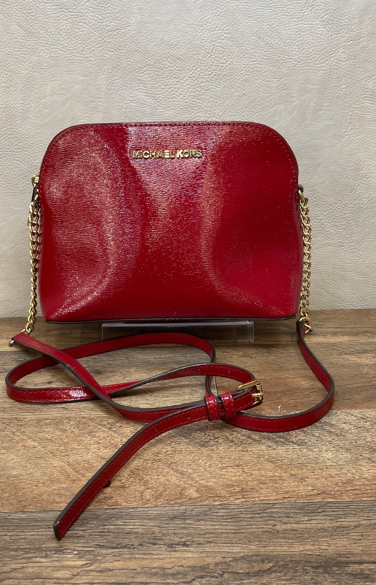 Michael Kors Red Saffiano Leather Dome Crossbody Bag Gold Hardware