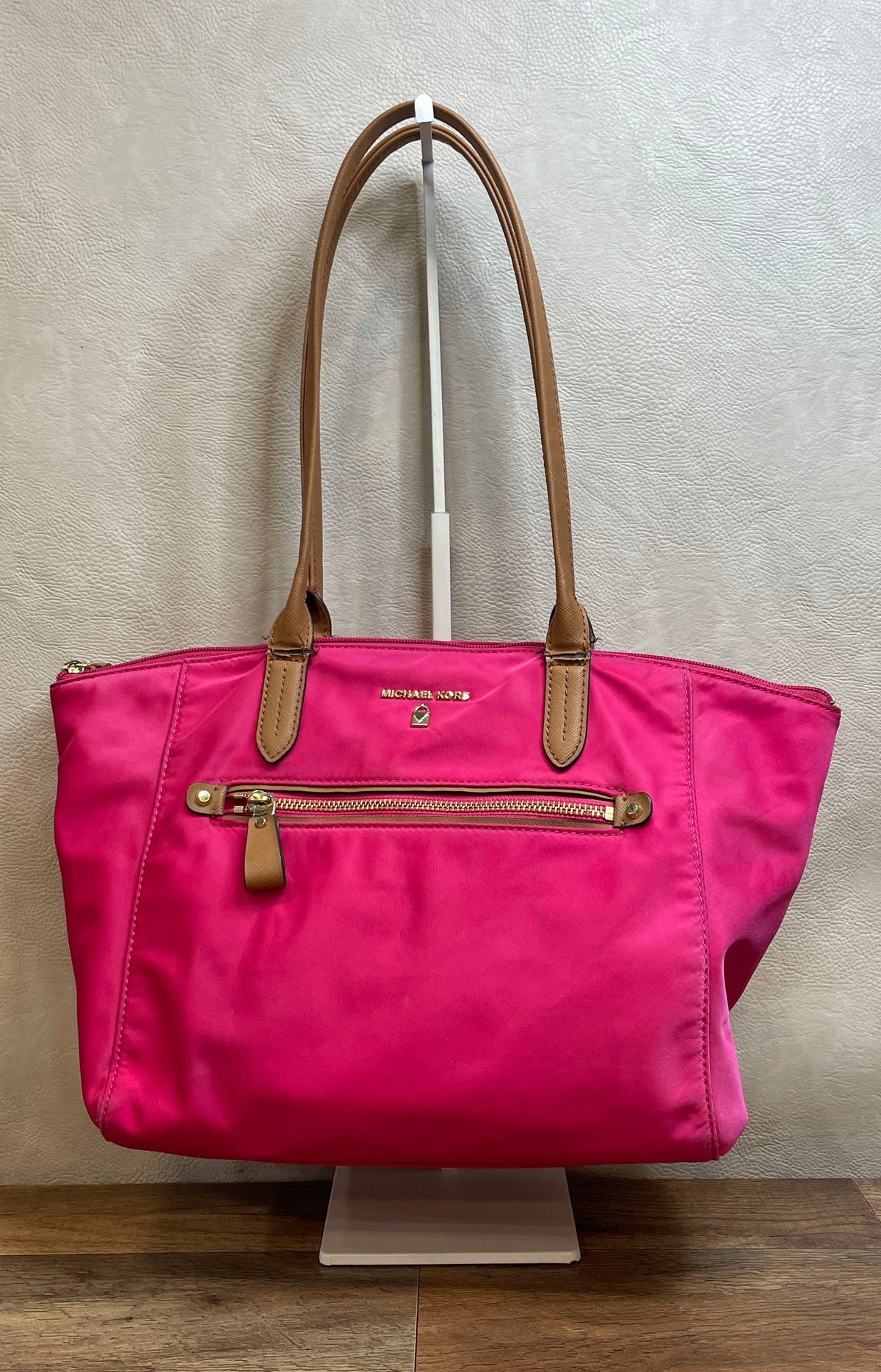 Michael Kors Hot Pink Nylon Tote Bag Brown Leather Trim Gold Hardware