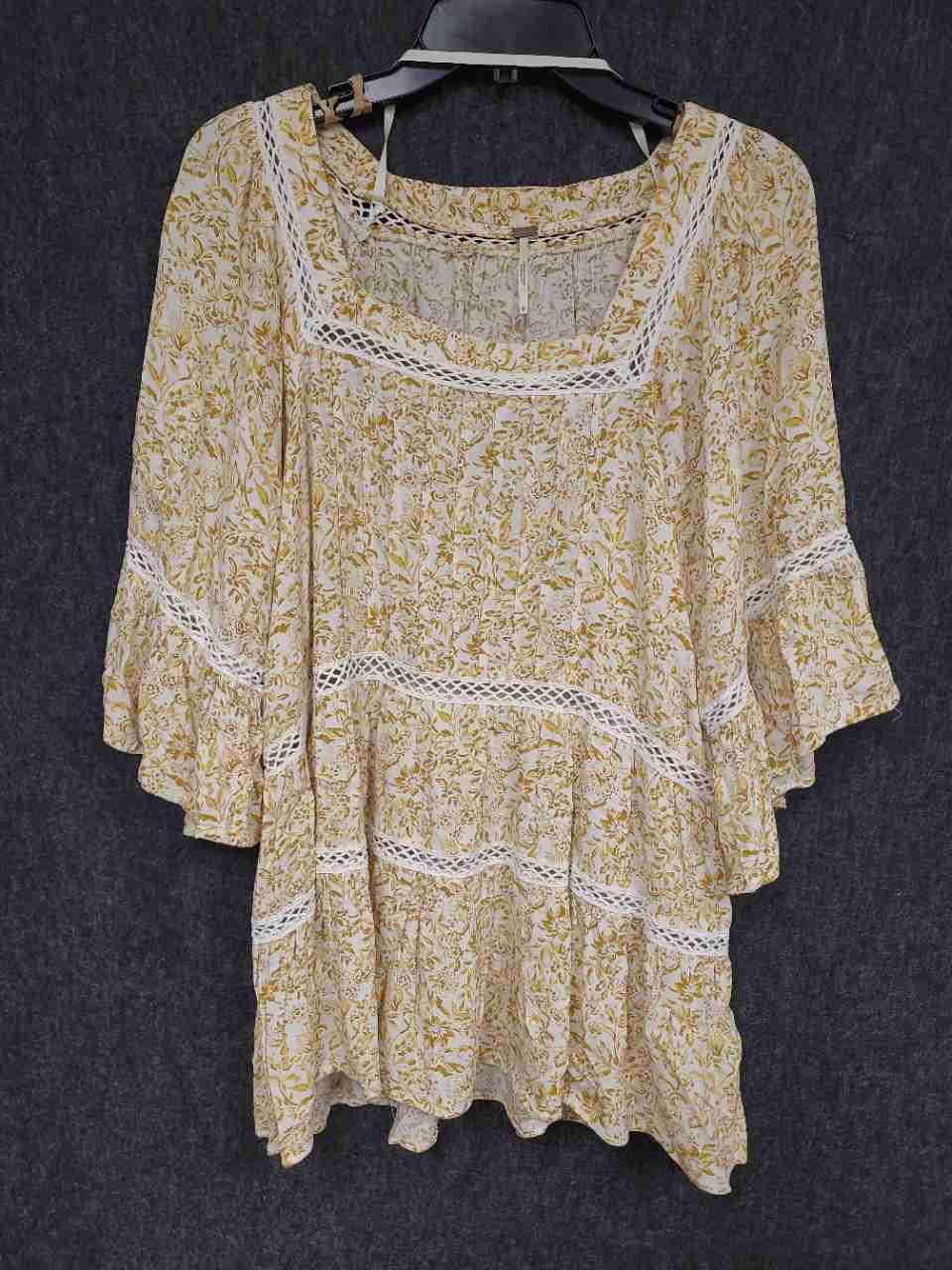 Free People Women's Yellow Floral Lace Bell Sleeve Tunic Mini Dress Sz S