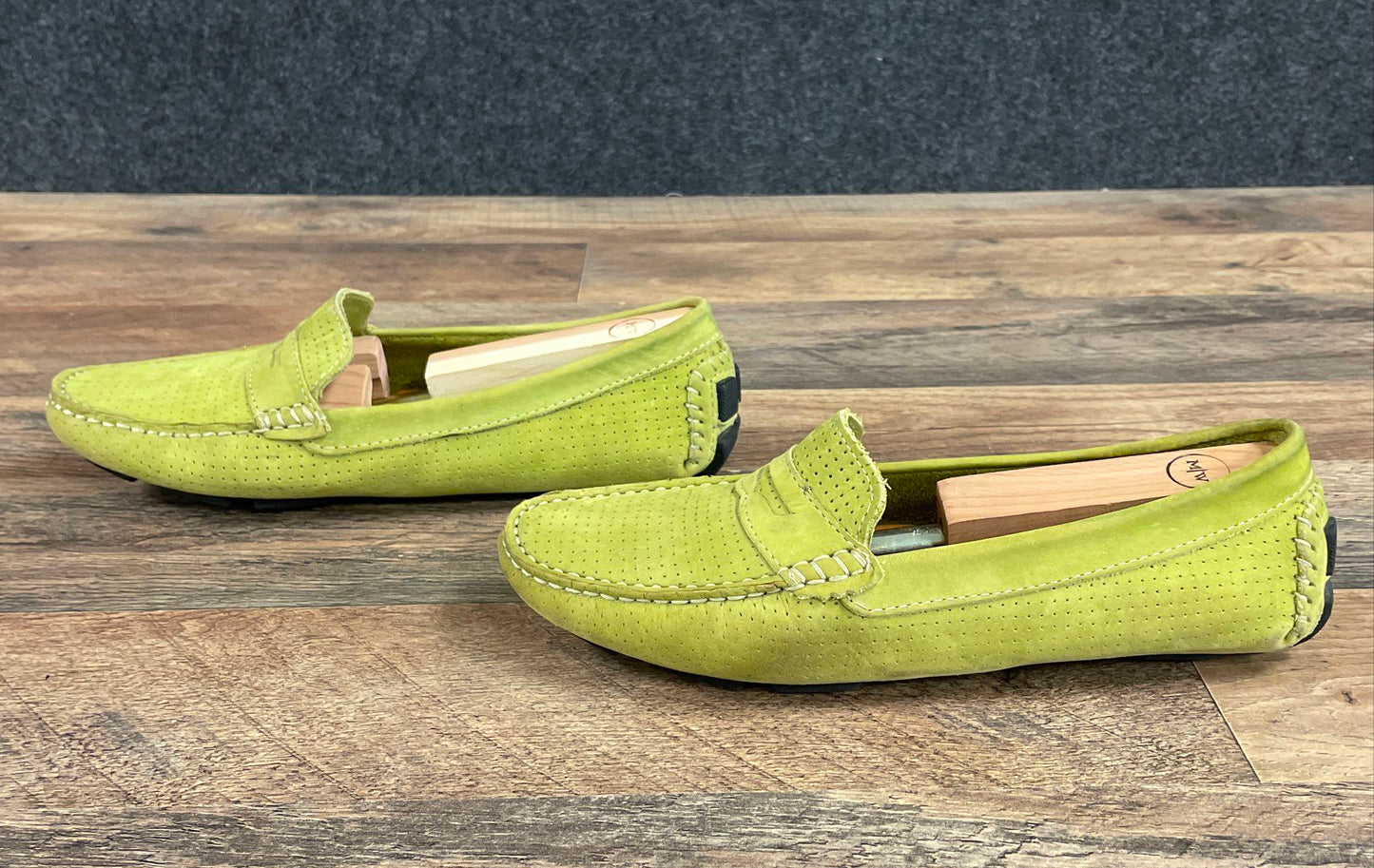 Mercanti Fiorentini Lime Green Perforated Suede Penny Driver Loafers Size 9 B